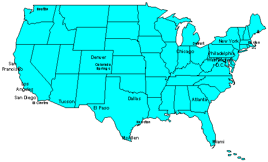 Map of United States showing field offices located throughout the country.  Cities shown include Atlanta, GA, Boston, MA, Chicago, IL, Colorado Springs, CO, Dallas, TX, Denver, CO, Detroit, MI, El Centro, CA, El Paso, CA, Houston, TX, Los Angelos, CA, McAllen, TX, Miami, FL, New York, NY, Philadelphia, PA, San Diego, CA, San Francisco, CA, Seattle, WA, Tucson, AZ, Washington, DC.