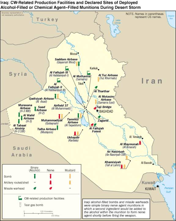 Map of Iraq showing Iraqi CW-related production facilities and declared sites of deployed alchohol-filled or chemical agent-filled munitions During desert Storm