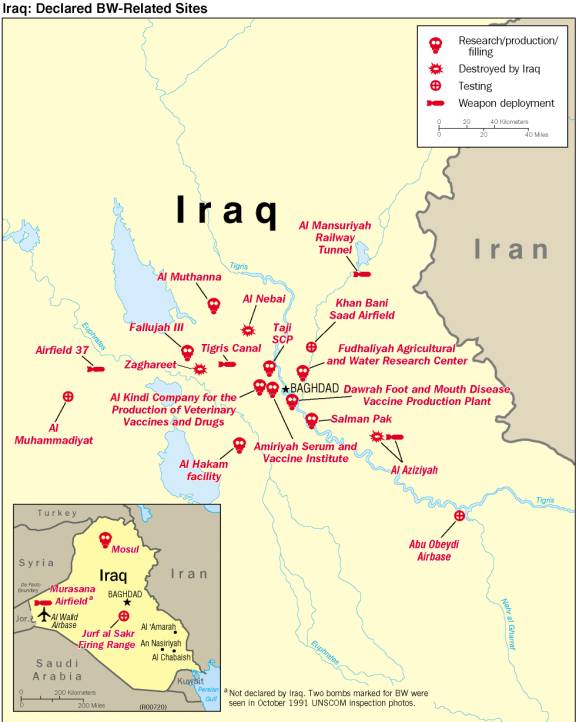 Map of Iraq showing Iraqi declared BW-related sites