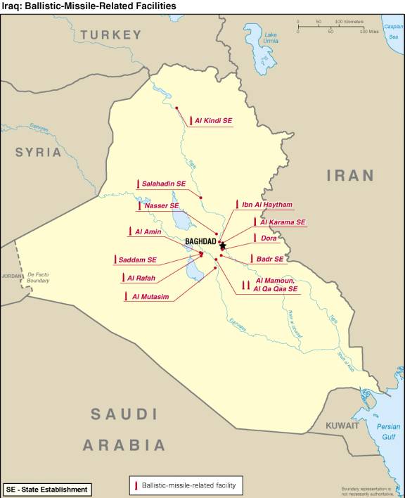 Map of Iraq showing ballistic-missile-related facilities