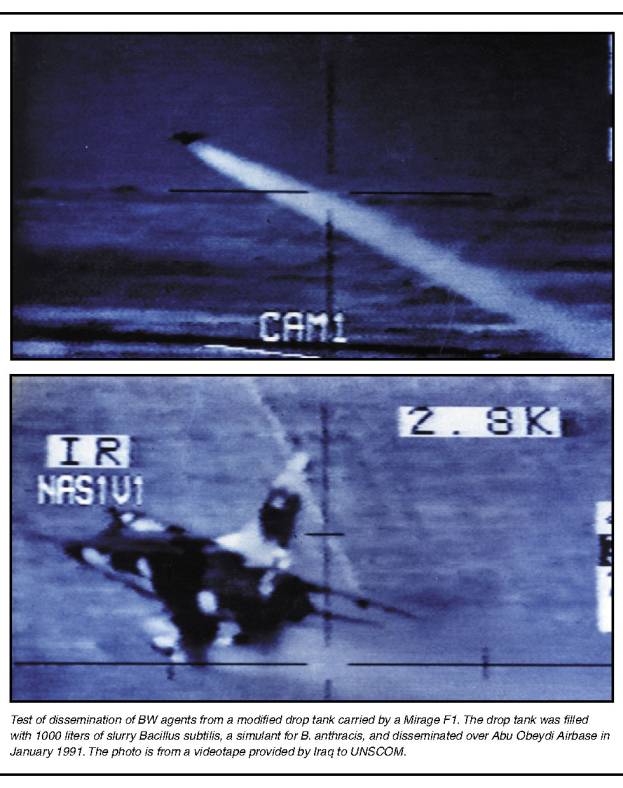 Photographs from a videotape showing a test of dissemination of BW agents from a modified drop tank