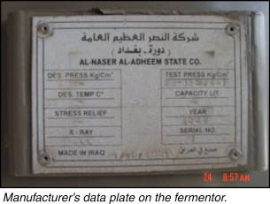 Manufacturer's data plate on the fermentor.